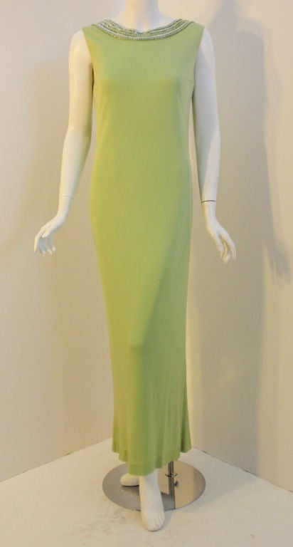Helen Rose Lite Green Gown with Beaded Neckline & V Back, Circa 1960's For Sale 4