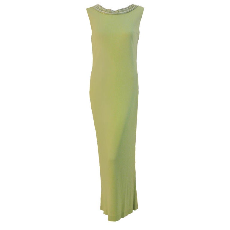 Helen Rose Lite Green Gown with Beaded Neckline & V Back, Circa 1960's For Sale