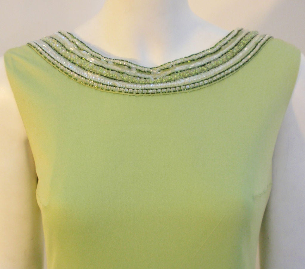 Helen Rose Lite Green Gown with Beaded Neckline & V Back, Circa 1960's In Excellent Condition For Sale In Los Angeles, CA