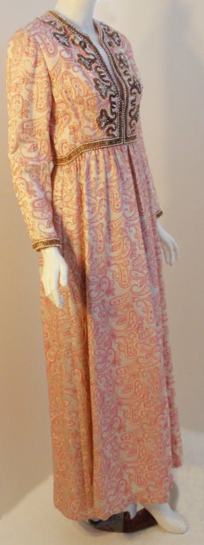 Beige Ceil Chapman Long Pink Paisley Print Gown w/Beading, 1960's Size 8-10