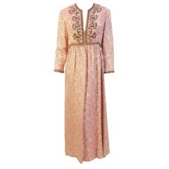 Ceil Chapman Long Pink Paisley Print Gown w/Beading, 1960's Size 8-10 2