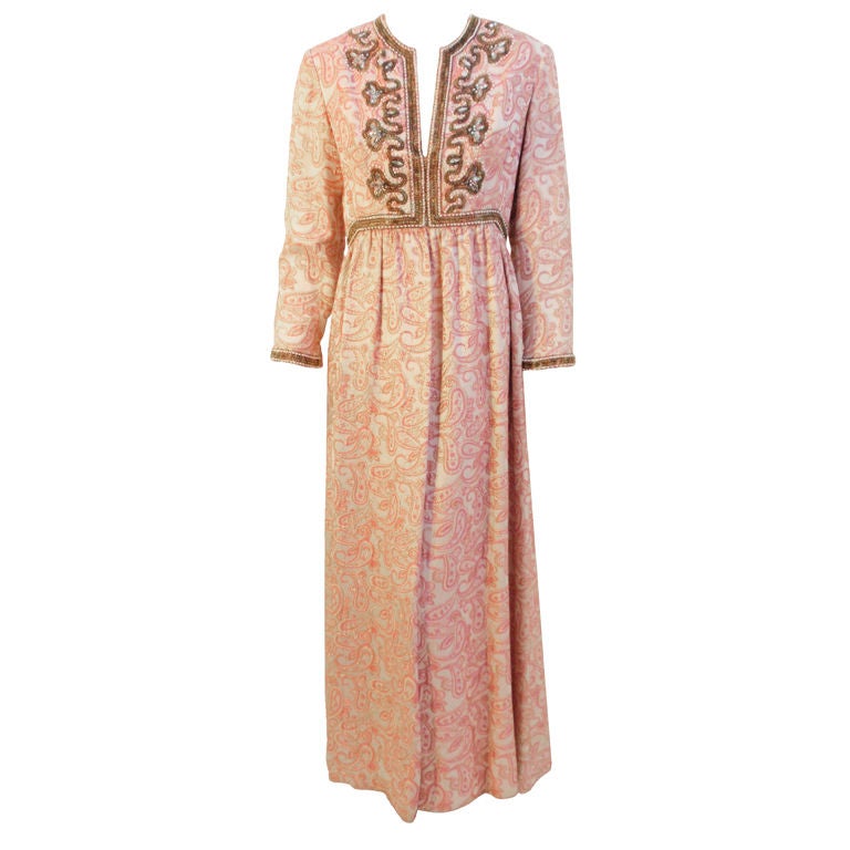 Ceil Chapman Long Pink Paisley Print Gown w/Beading, 1960's Size 8-10