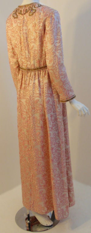 Women's Ceil Chapman Long Pink Paisley Print Gown w/Beading, 1960's Size 8-10