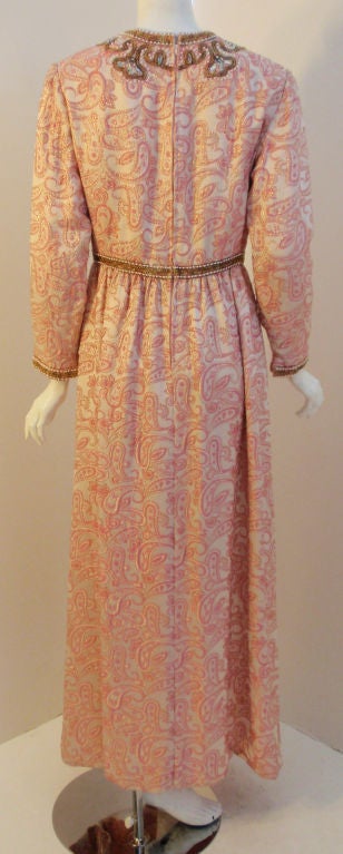 Ceil Chapman Long Pink Paisley Print Gown w/Beading, 1960's Size 8-10 1