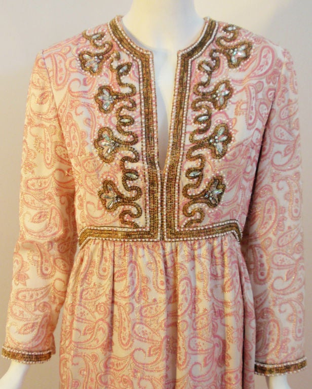 Ceil Chapman Long Pink Paisley Print Gown w/Beading, 1960's Size 8-10 2