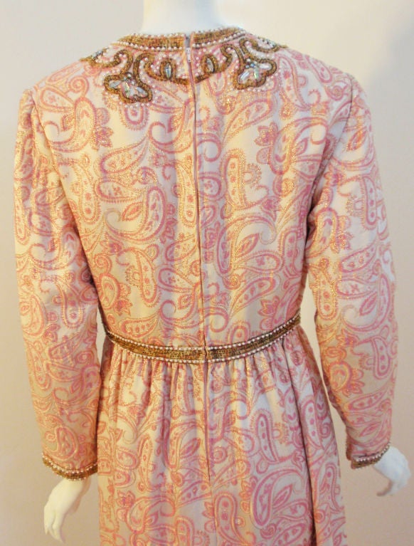 Ceil Chapman Long Pink Paisley Print Gown w/Beading, 1960's Size 8-10 3