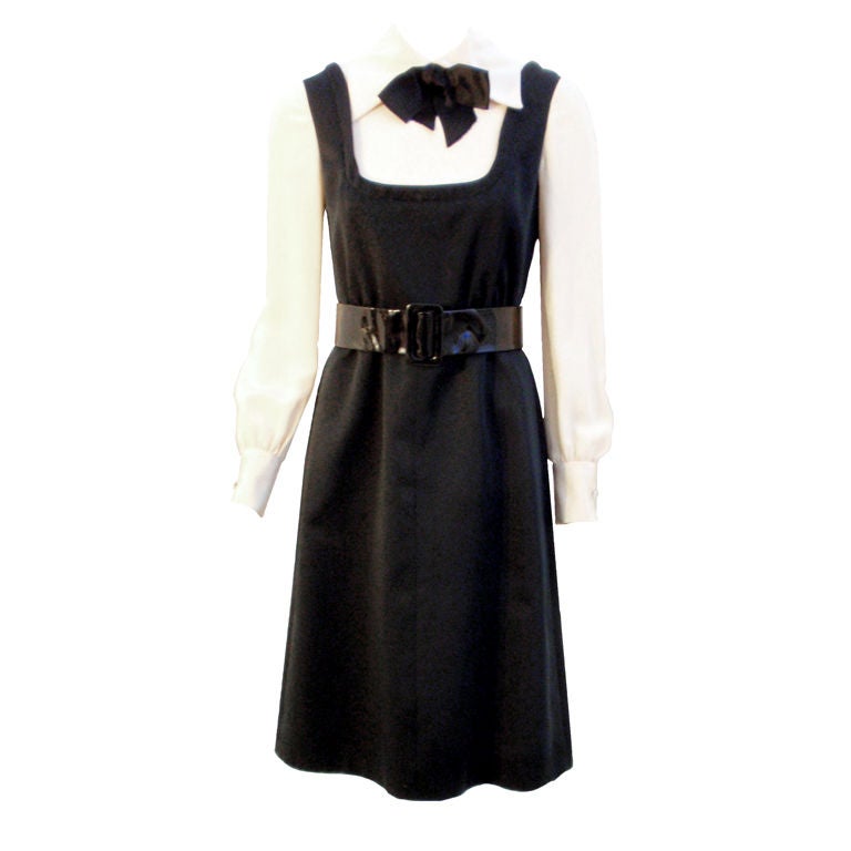 Geoffrey Beene Boutique Vestido Dolly de satén negro y crema, Años 60 aproximadamente en venta