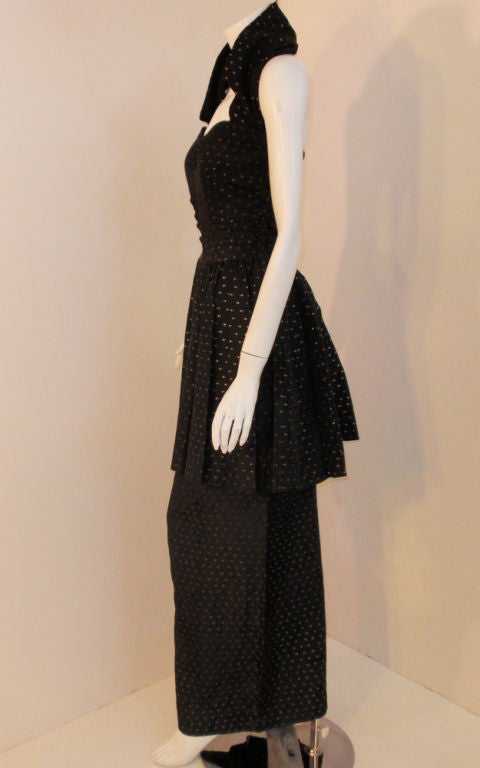 Ceil Chapman Black Taffeta With Gold Detail Shawl Halter Neck Gown 1950s In Excellent Condition In Los Angeles, CA