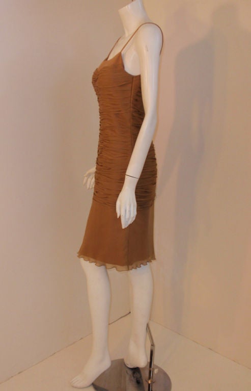 Brown James Galanos Camel Ruched Chiffon Cocktail Dress, 1990s For Sale