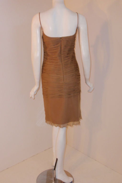 James Galanos Camel Ruched Chiffon Cocktail Dress, 1990s In Excellent Condition For Sale In Los Angeles, CA