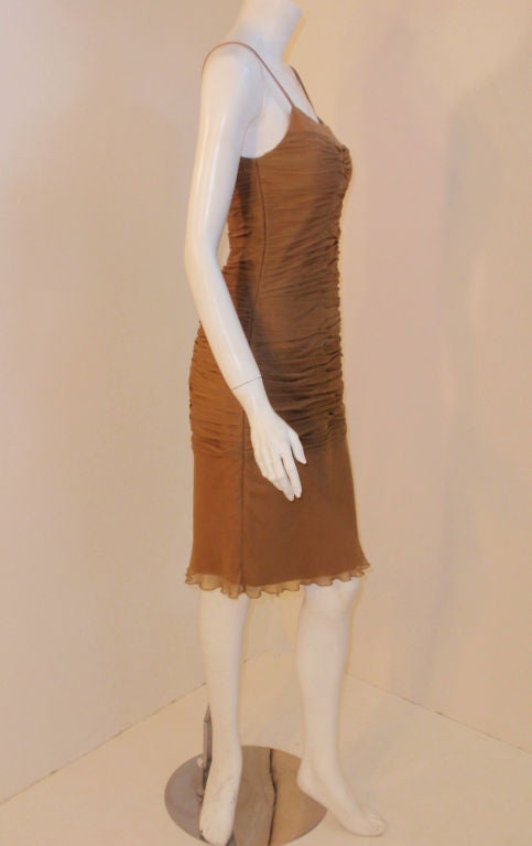 Women's James Galanos Camel Ruched Chiffon Cocktail Dress, 1990s For Sale