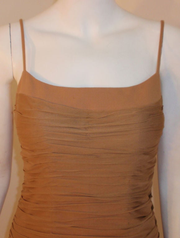 James Galanos Camel Ruched Chiffon Cocktail Dress, 1990s For Sale 1
