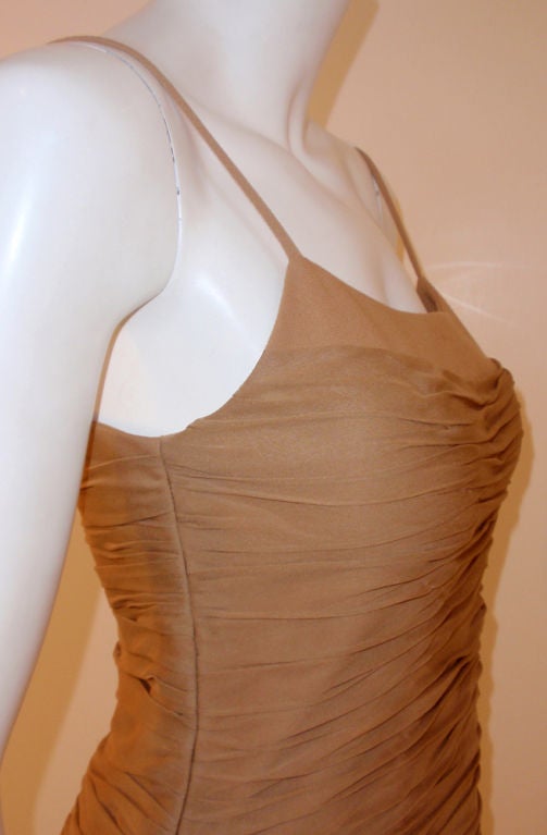 James Galanos Camel Ruched Chiffon Cocktail Dress, 1990s For Sale 2