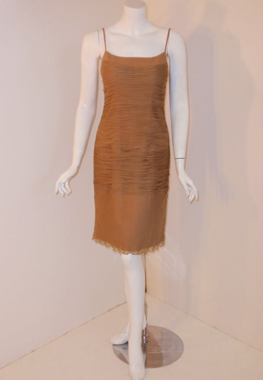 James Galanos Camel Ruched Chiffon Cocktail Dress, 1990s For Sale 5