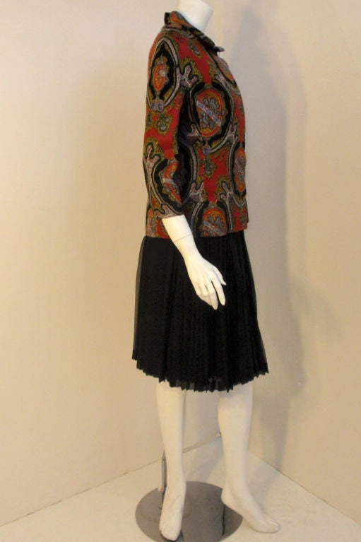 James Galanos 3 pc Skirt Suit w/ Paisley Jacket, Black vest & Chiffon Skirt In Excellent Condition In Los Angeles, CA