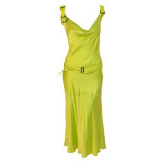 John Galliano Lime Green Silk Cocktail Dress w/ Belt & Beaded Detail