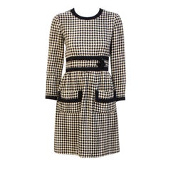 JEAN PATOU Blue & White Wool Houndstooth Day dress with Front Pockets, 1960s