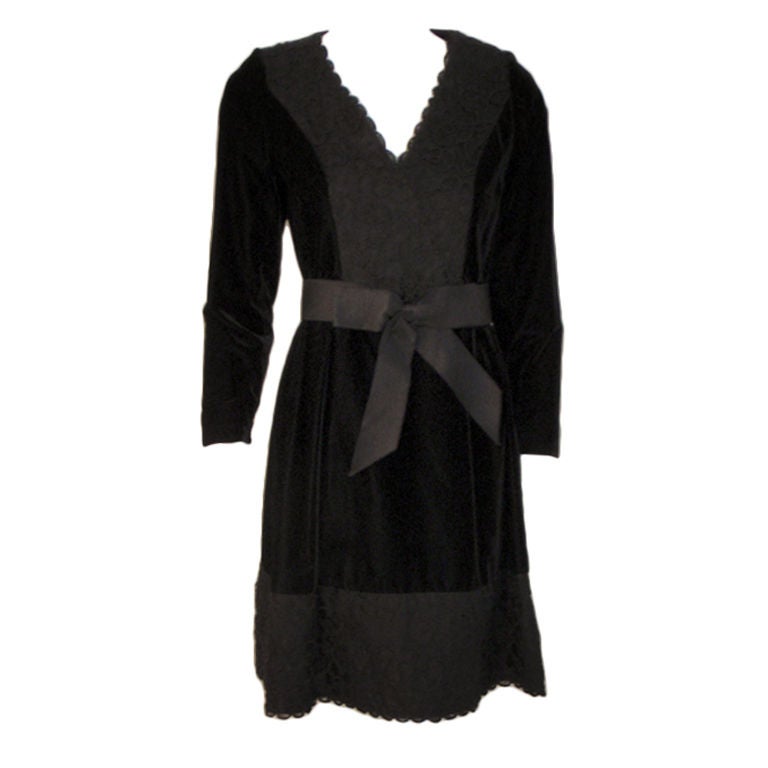 Givenchy Black Velvet and Lace Cocktail Dress w/ Bow Belt For Sale