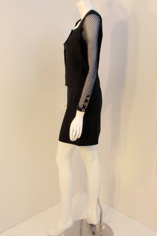 Courreges Black 2-piece Skirt Ensemble with fishnet sleeve Jacket 4-6 In Excellent Condition For Sale In Los Angeles, CA