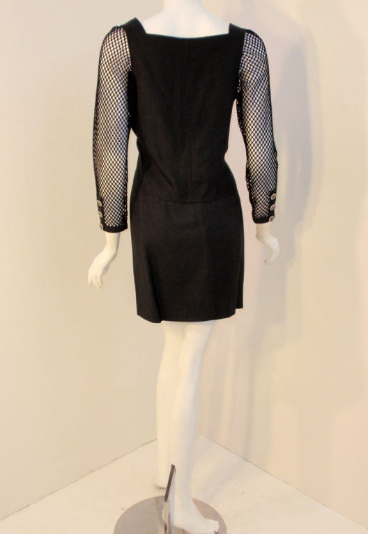 Women's Courreges Black 2-piece Skirt Ensemble with fishnet sleeve Jacket 4-6 For Sale