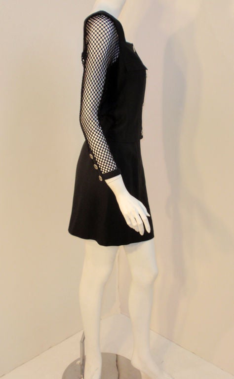 Courreges Black 2-piece Skirt Ensemble with fishnet sleeve Jacket 4-6 For Sale 1