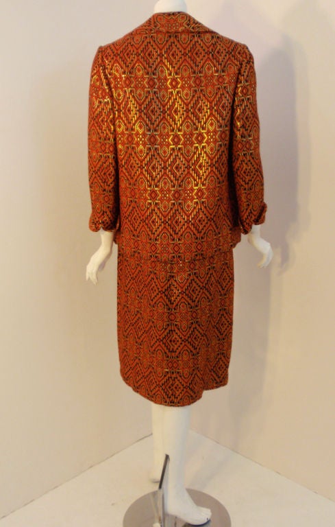 Pauline Trigere 2-piece Orange/Black/Gold Dress w/ jacket, 1960s For Sale 1