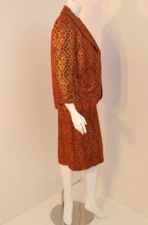 Pauline Trigere 2-piece Orange/Black/Gold Dress w/ jacket, 1960s For Sale 2