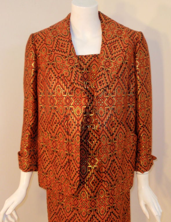 Pauline Trigere 2-piece Orange/Black/Gold Dress w/ jacket, 1960s For Sale 3