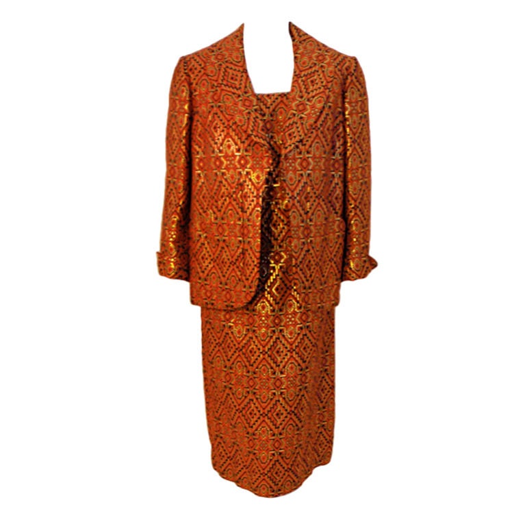 Pauline Trigere 2-piece Orange/Black/Gold Dress w/ jacket, 1960s For Sale