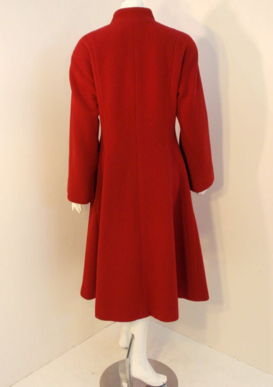 Pauline Trigere Red Wool Fitted Overcoat with Chrome Buttons 1