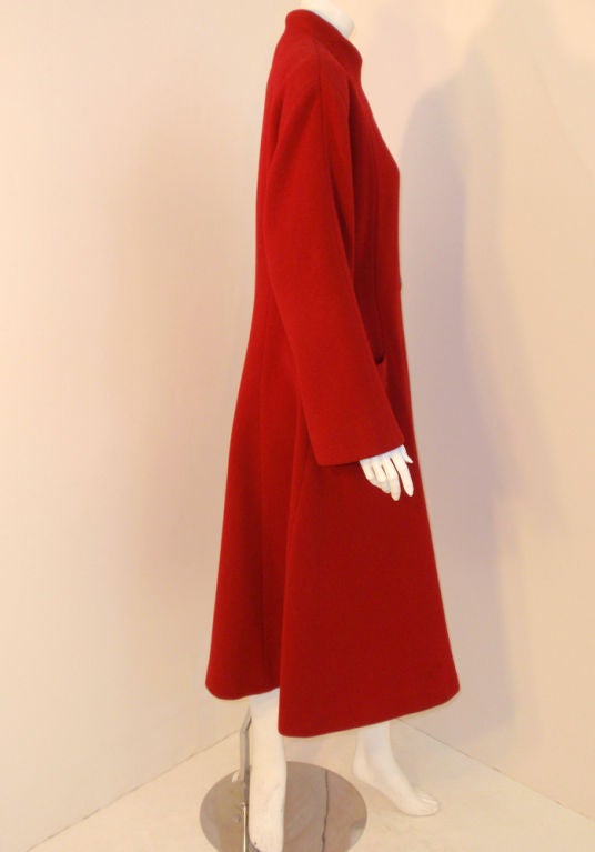 Pauline Trigere Red Wool Fitted Overcoat with Chrome Buttons 2