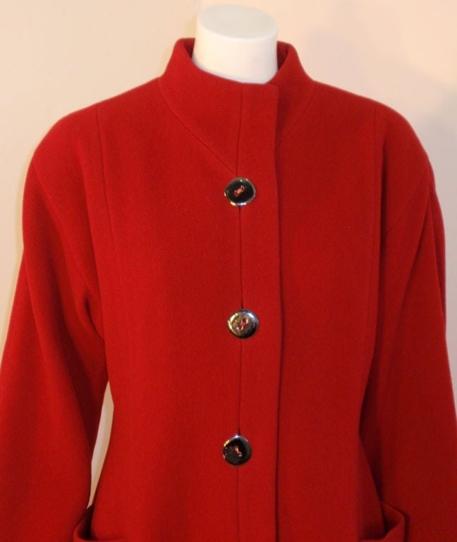 Pauline Trigere Red Wool Fitted Overcoat with Chrome Buttons 3
