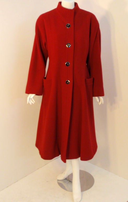 Pauline Trigere Red Wool Fitted Overcoat with Chrome Buttons 6