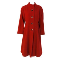 Pauline Trigere Red Wool Fitted Overcoat with Chrome Buttons