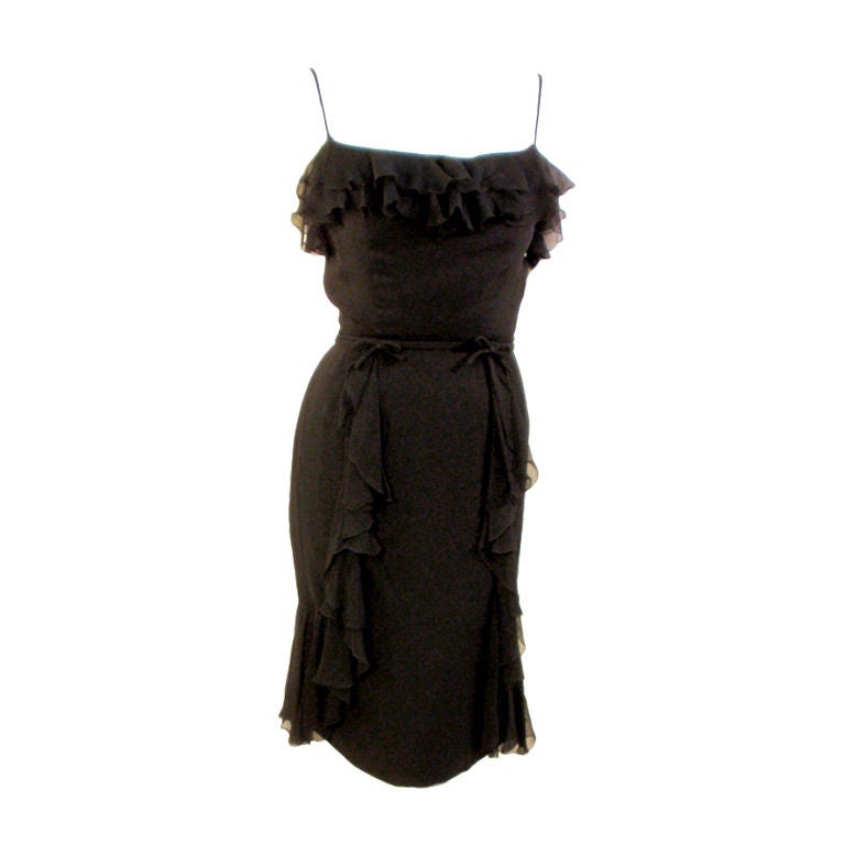 Helen Rose Vintage Black Ruffle Chiffon Cocktail Dress, 1960s For Sale