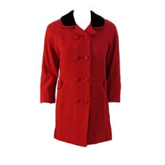 Don Loper Red Wool Coat w/ Black Velvet Collar, 1950's 3