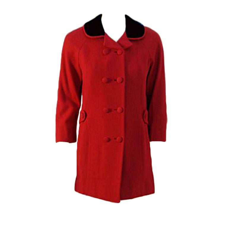 Don Loper Red Wool Coat w/ Black Velvet Collar, 1950's