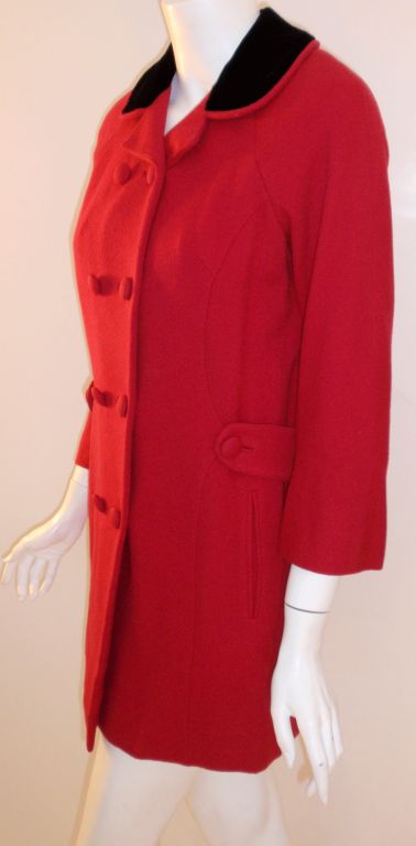 Women's Don Loper Red Wool Coat w/ Black Velvet Collar, 1950's For Sale