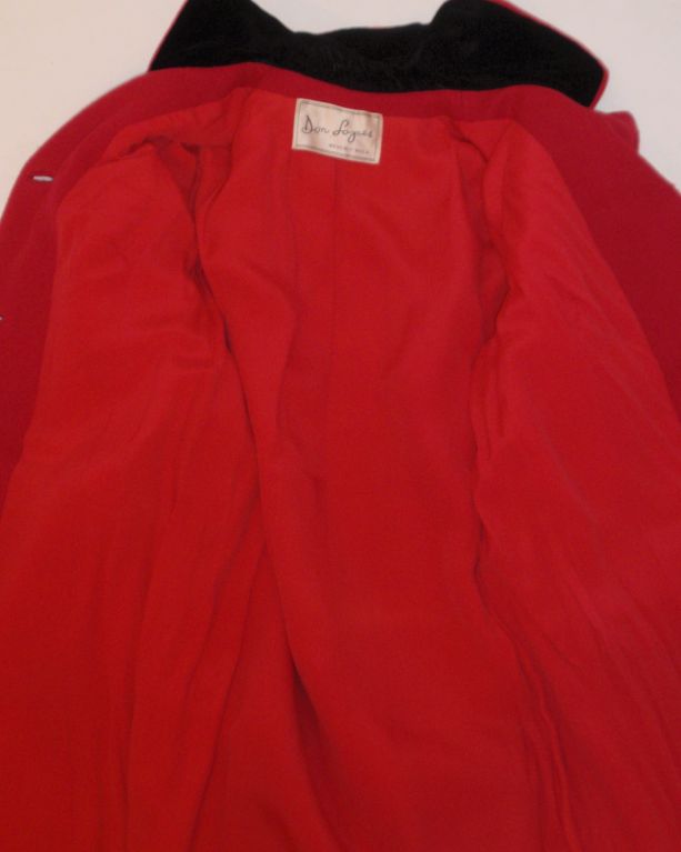 Don Loper Red Wool Coat w/ Black Velvet Collar, 1950's For Sale at 1stDibs