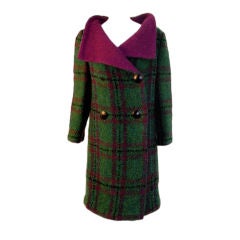 Pauline Trigere Green & Purple Plaid Wool Coat with Shawl Collar, 1960's