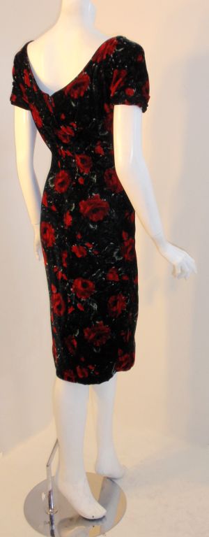 Ceil chapman Vintage Velvet Red Rose Print Cocktail Dress, 1960 3