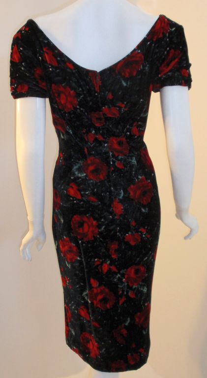 Ceil chapman Vintage Velvet Red Rose Print Cocktail Dress, 1960 4