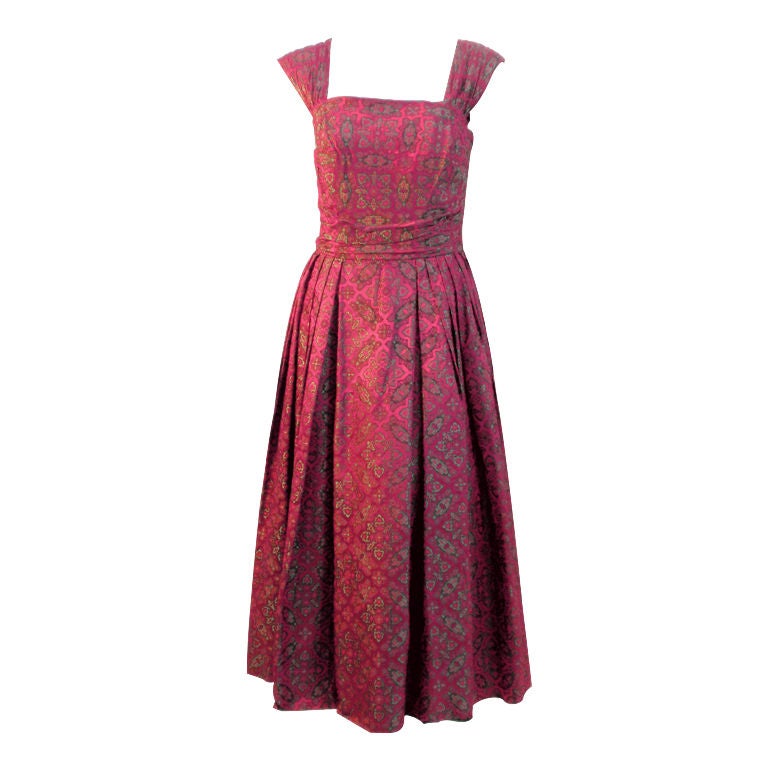 Eleanora Garnett Vintage Pink & Green Brocade Dress w/ Jkt, 50s