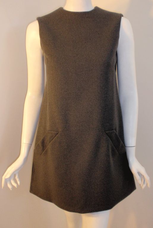 Geoffrey Beene Gray Wool Sleeveless Shift Dress Buttons down the back, 1960's In Excellent Condition In Los Angeles, CA