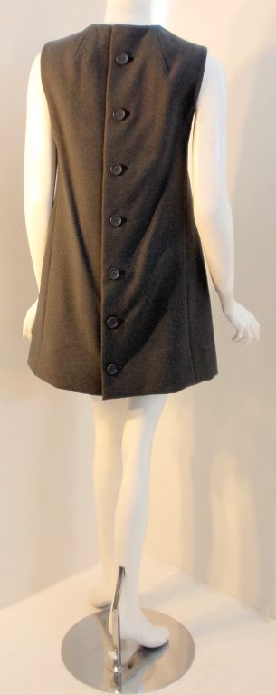 Geoffrey Beene Gray Wool Sleeveless Shift Dress Buttons down the back, 1960's 1