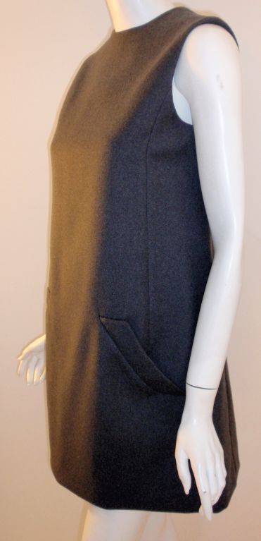 Geoffrey Beene Gray Wool Sleeveless Shift Dress Buttons down the back, 1960's 2