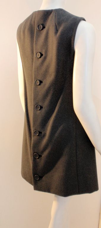 Geoffrey Beene Gray Wool Sleeveless Shift Dress Buttons down the back, 1960's 3