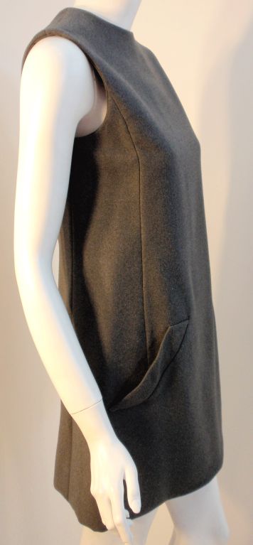 Geoffrey Beene Gray Wool Sleeveless Shift Dress Buttons down the back, 1960's 4