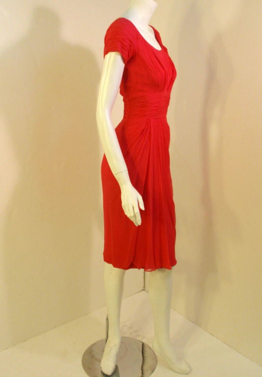 Red Ceil Chapman Vintage Raspberry Chiffon Cocktail dress, c 1950s Size 2 For Sale