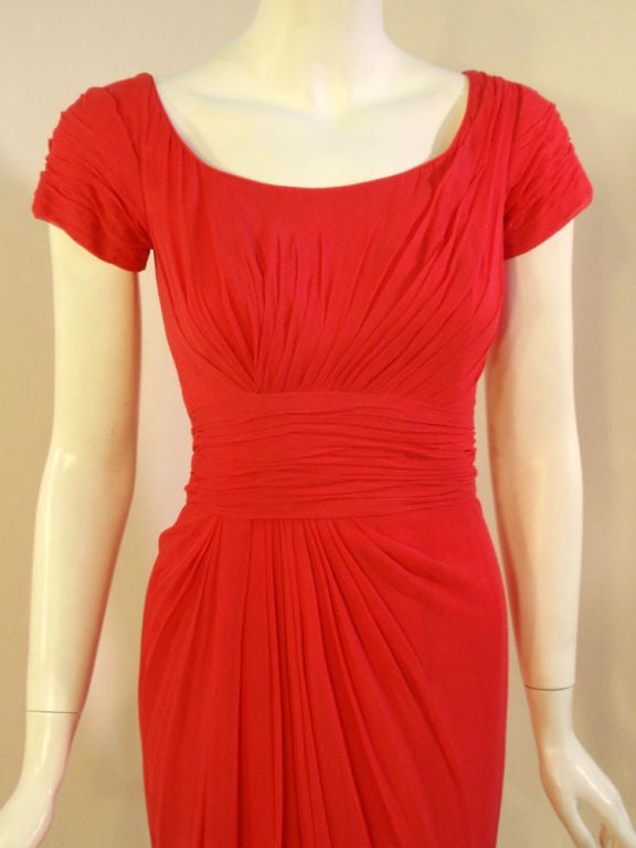 Ceil Chapman Vintage Raspberry Chiffon Cocktail dress, c 1950s Size 2 In Excellent Condition For Sale In Los Angeles, CA